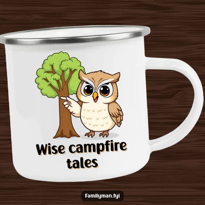 Funny owl camping mug showing a proud owl character pointing to a detailed family tree, perfect for outdoor enthusiasts.
