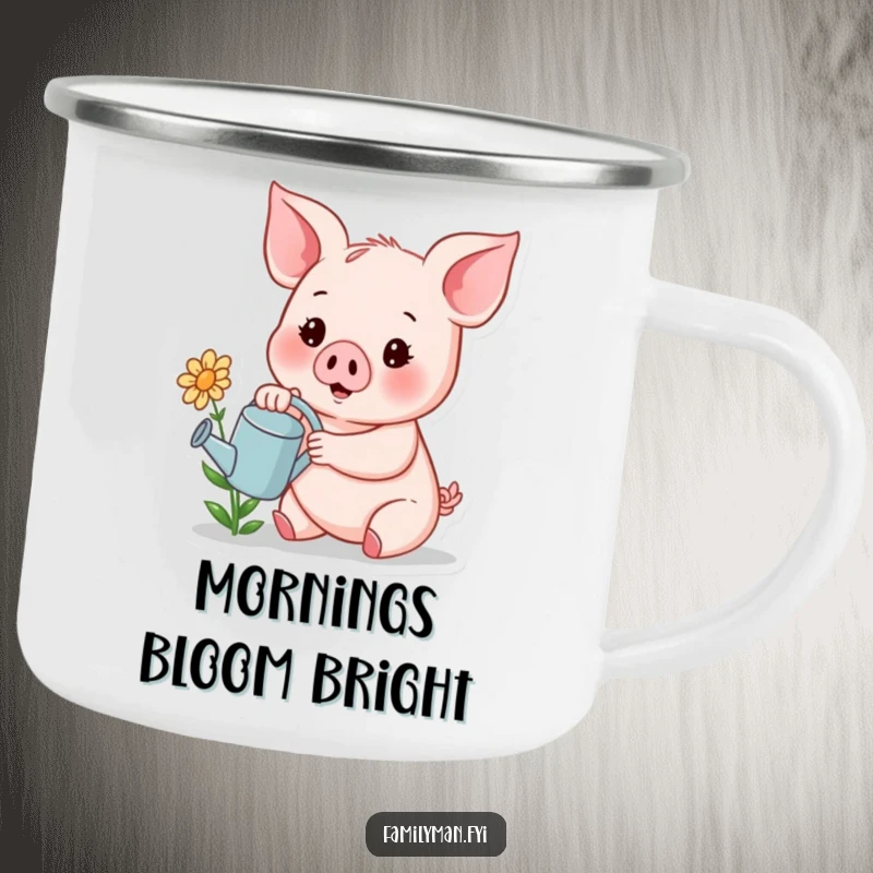 Funny camping mug depicting a cheerful piglet with a tiny watering can, watering a small, happy flower.