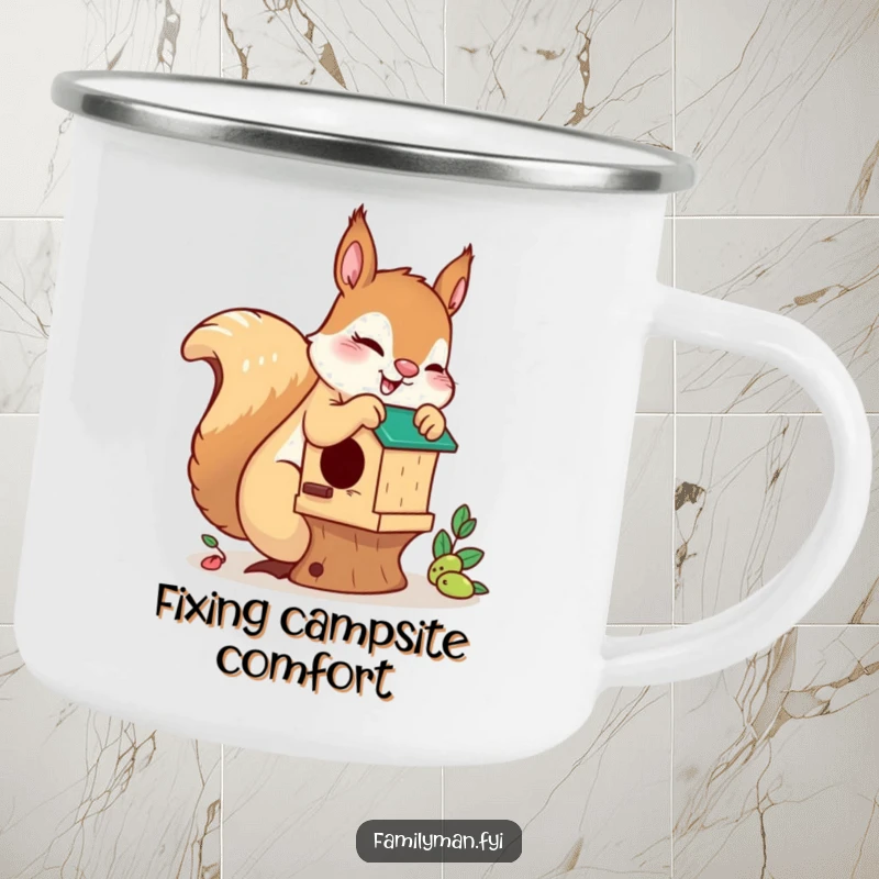 Funny playful squirrel camping mug, depicting a squirrel building a birdhouse, designed for outdoor enthusiasts who appreciate humor and DIY.