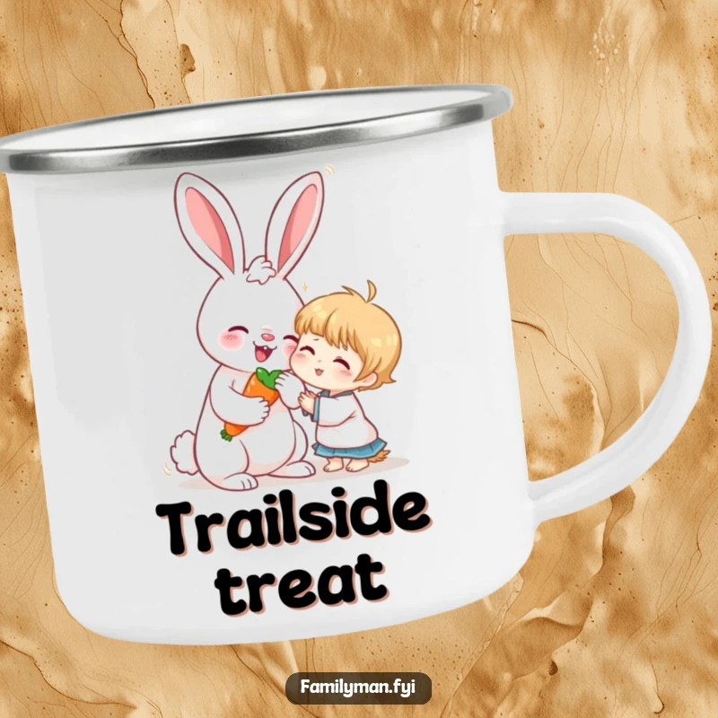 Funny camping mug showing a loving rabbit sharing a carrot with a child, ideal for outdoor trips and heartwarming moments.