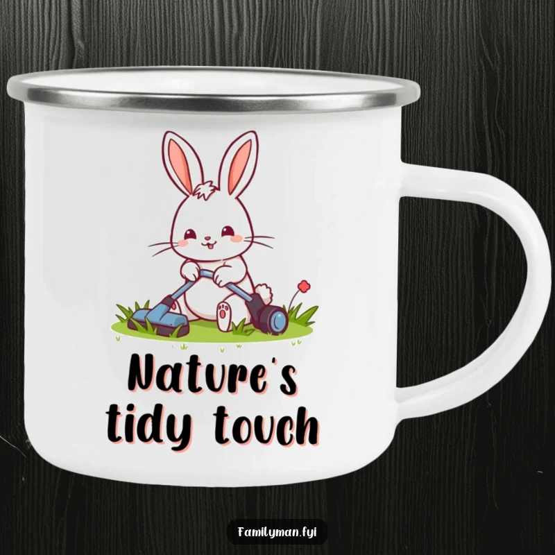 Funny camping mug featuring a cheerful rabbit mowing a small, tidy lawn, perfect for enjoying drinks in nature.