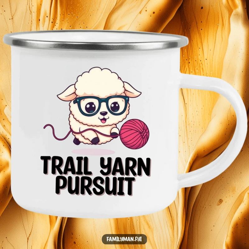 Funny Camping Mug featuring a fluffy sheep dog in oversized glasses chasing a bouncing yarn ball, ready for outdoor fun.