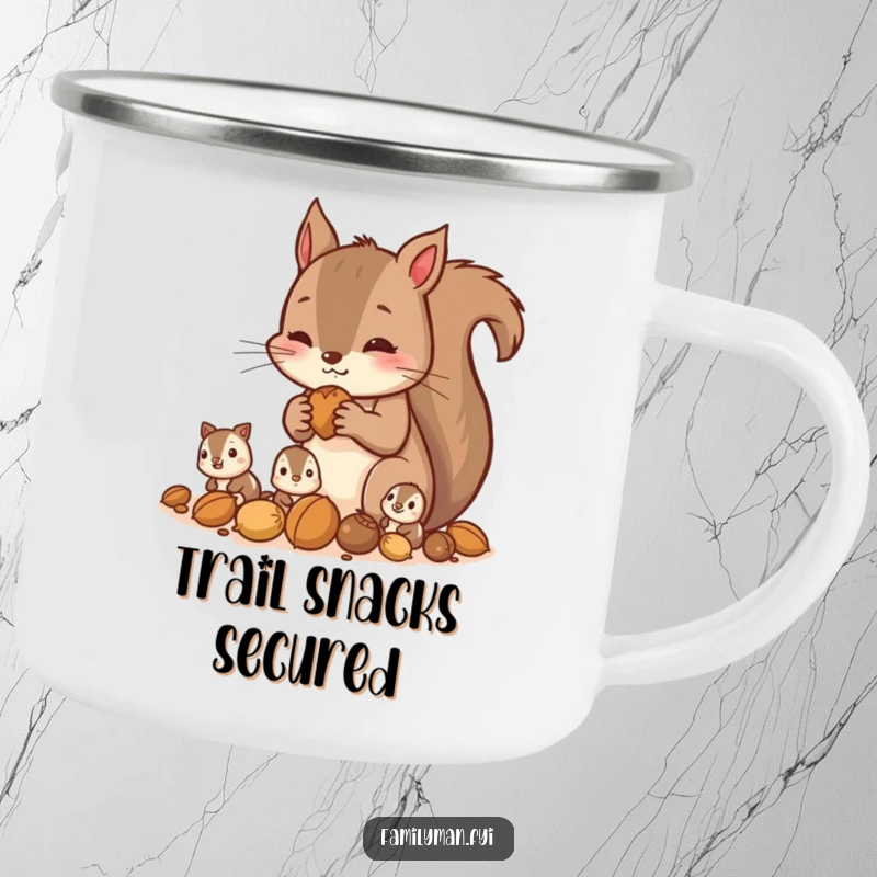 Funny squirrel camping mug featuring a parent squirrel gathering nuts with its children, for outdoor family humor.