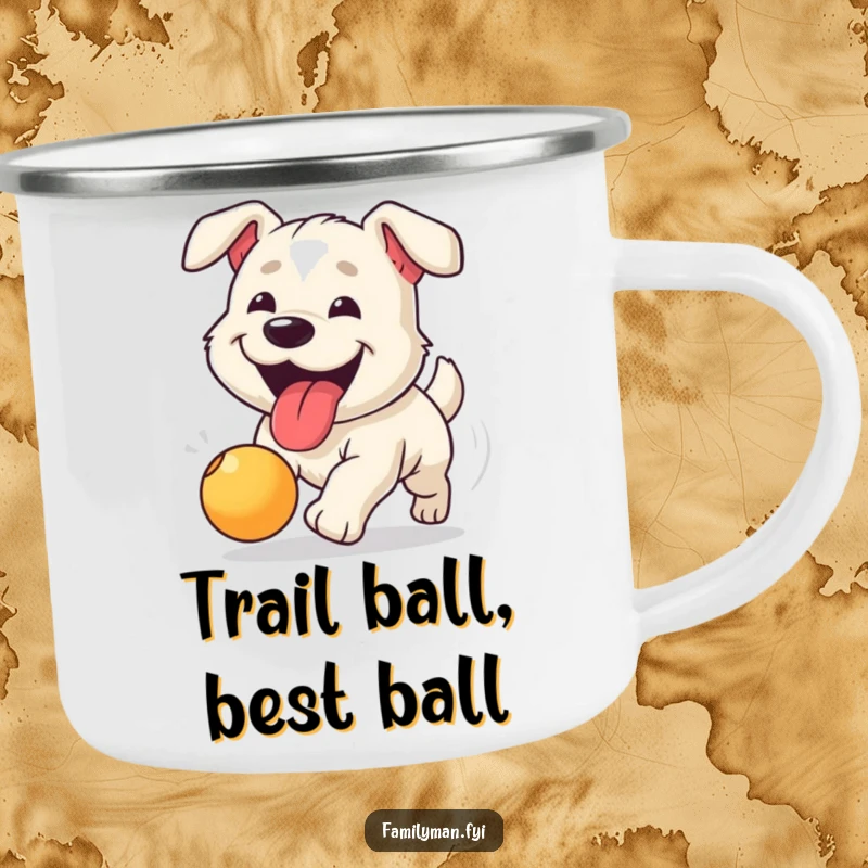 Funny camping mug showing a happy dog with tongue lolling out, enthusiastically chasing a bouncing ball.