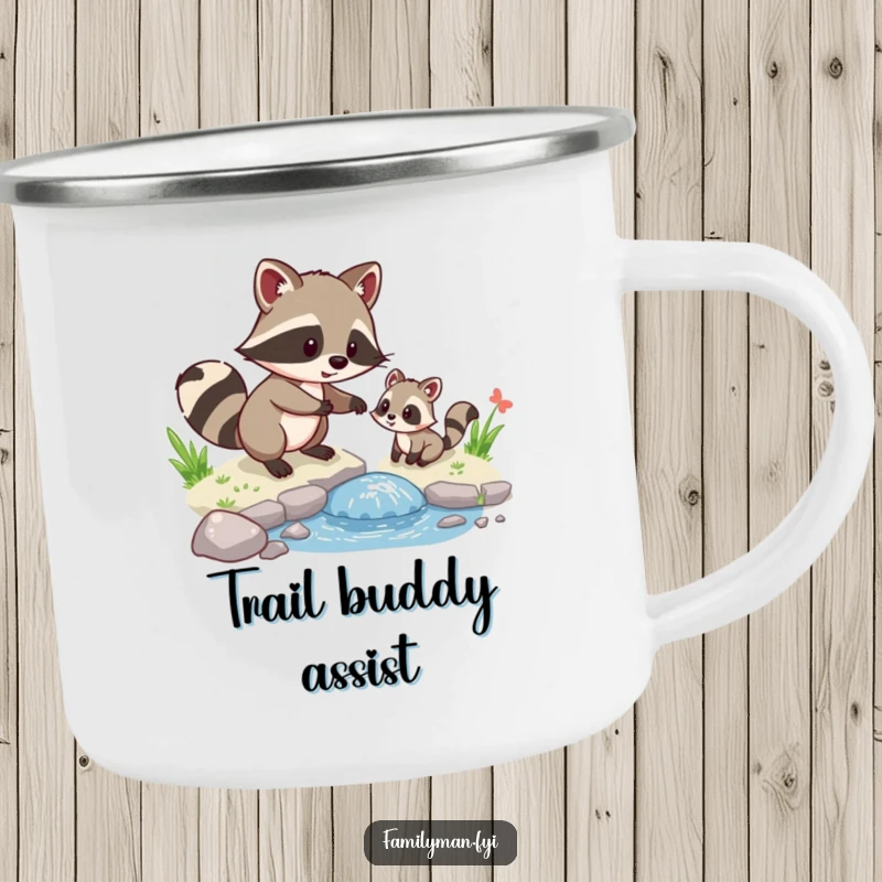 Funny Raccoon Helper Camping Mug, featuring a raccoon helping a small animal cross a stream, ideal for campfire laughs.