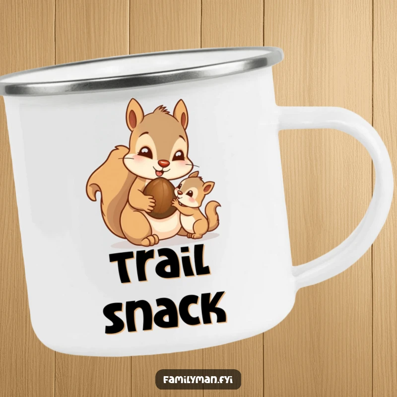 Funny Dad Squirrel Camping Mug: A doting father squirrel character sharing a nut with its young, perfect for sharing dads.