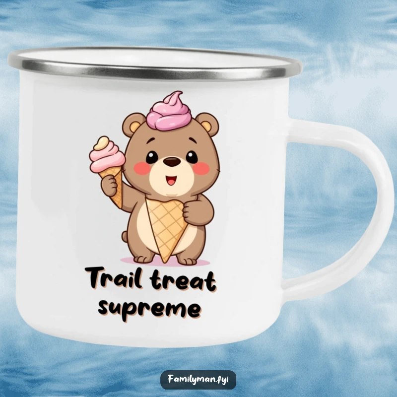 Funny Camping Mug featuring a smiling bear cub proudly holding a giant, overflowing ice cream cone, ready for outdoor enjoyment.