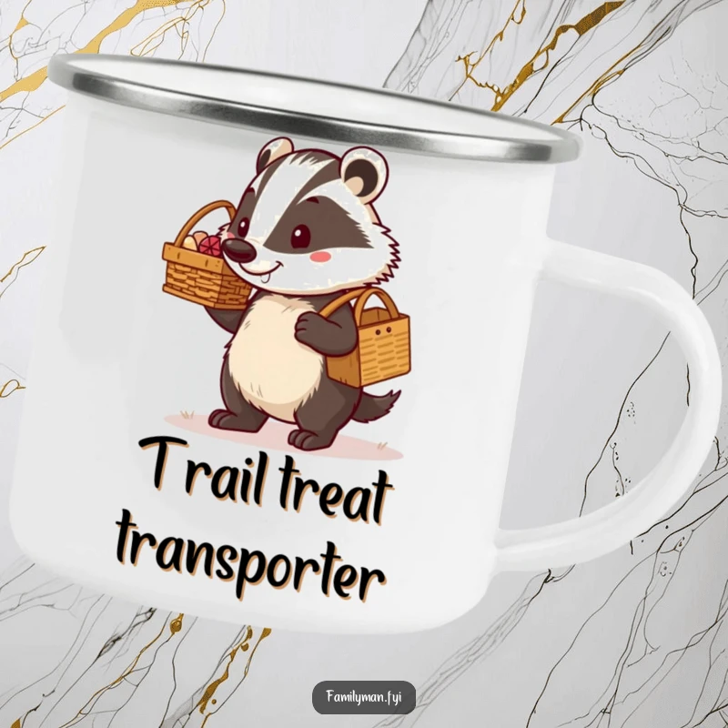 Funny determined dad badger carrying a picnic basket with a proud grin, designed for a rugged camping mug. Ideal for outdoor dads who enjoy preparedness and humor.