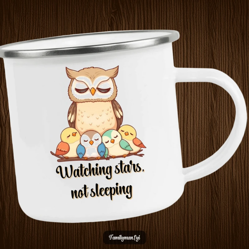 Funny Owl Camping Mug with a thoughtful owl watching over sleeping birds, ideal for humorous outdoor adventures.