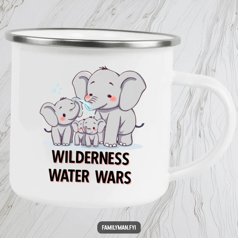 Funny dad elephant spraying water on his family, designed for a durable camping mug. Ideal for outdoor enthusiasts who appreciate humor and practicality.