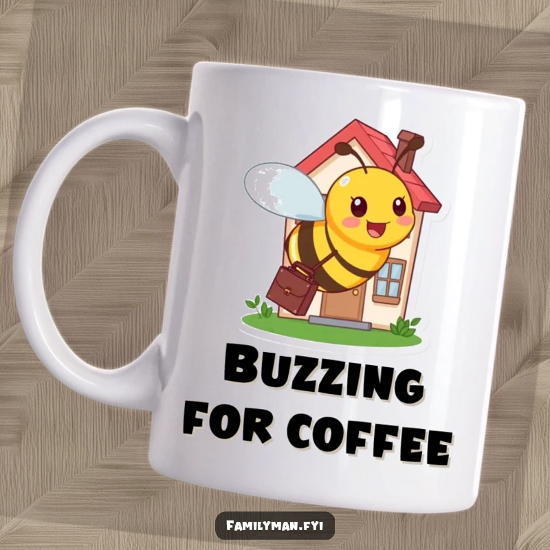 Funny mug featuring a busy bee in a suit carrying a briefcase, buzzing around a tiny, bustling house.