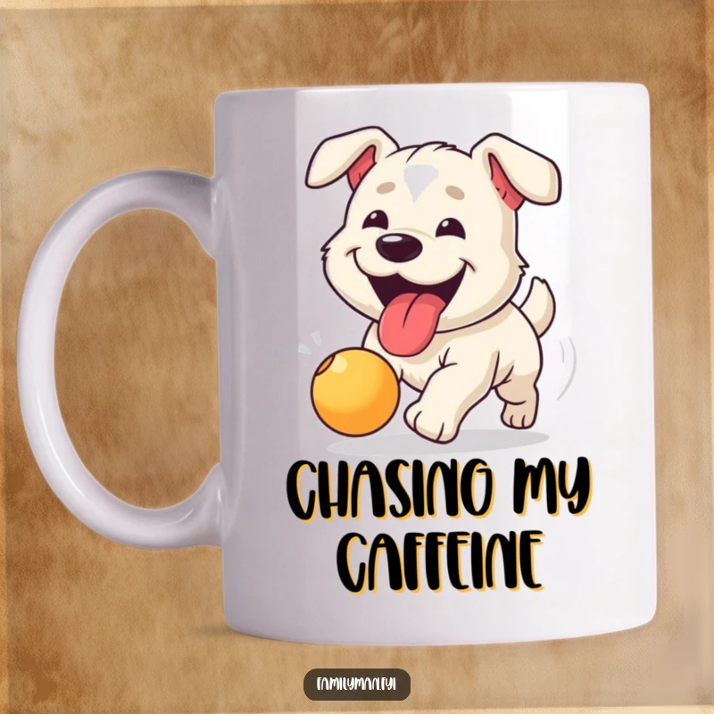 Funny mug showing a happy dog with its tongue lolling out, enthusiastically chasing a bright red bouncing ball.