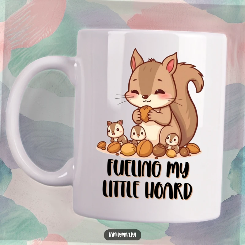 Funny squirrel mug showing a diligent parent squirrel gathering nuts with its playful children, a humorous family scene.