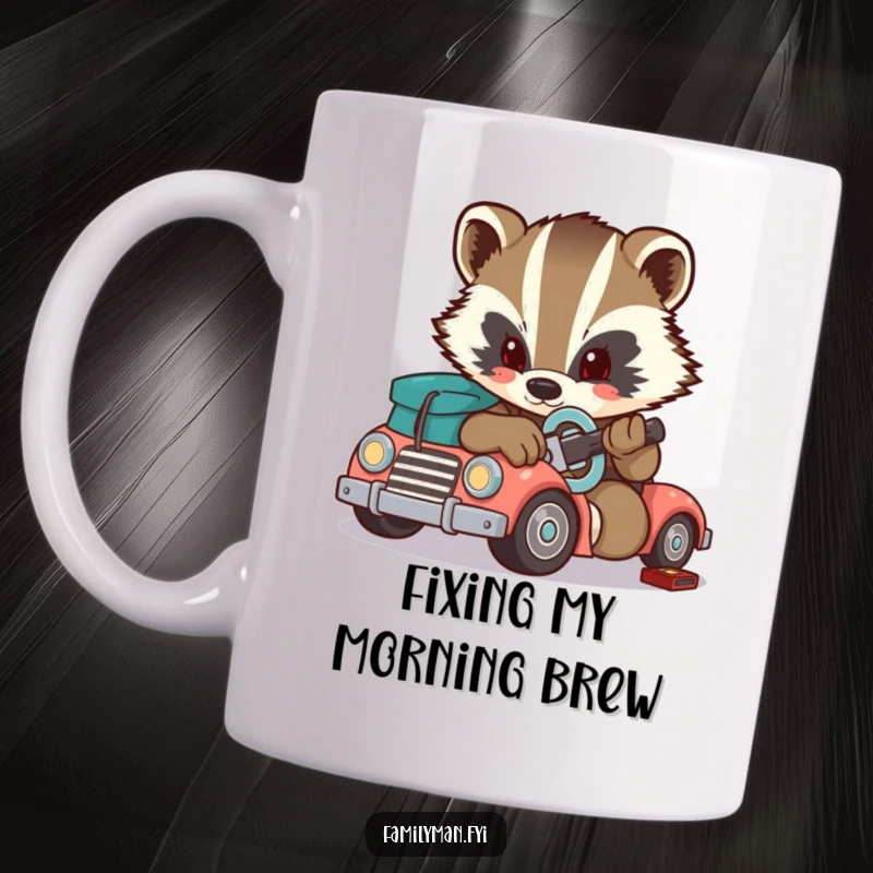 Funny badger mug, a determined character skillfully fixing a toy car with a small wrench. Great for fixing things.