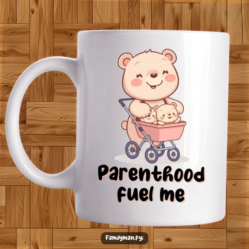 Funny mug featuring a happy bear character pushing a stroller filled with tiny, smiling bear cubs.