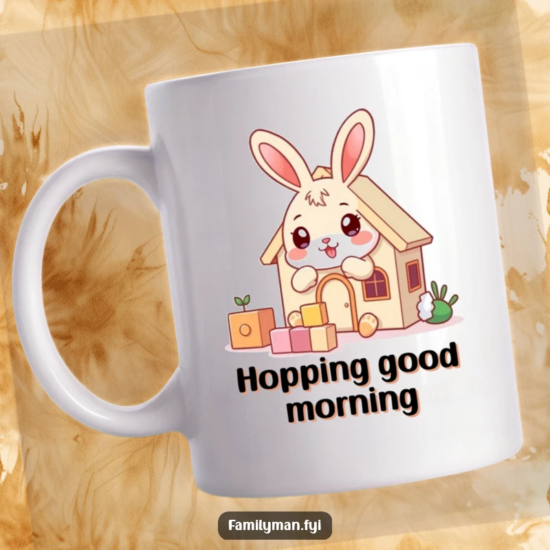 Funny playful bunny character building a small, sturdy house with toy blocks, on a mug, a construction delight.