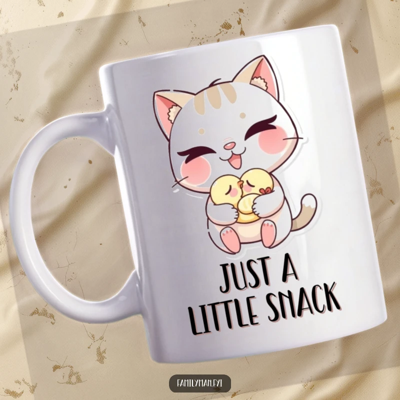 Funny cat mug with a mischievous grin gently carrying a tiny sleeping baby bird, highlighting playful nurturing humor.
