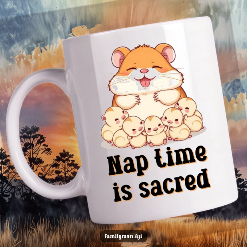 Funny delighted dad hamster napping peacefully surrounded by his cute babies on a coffee mug. Evokes warmth, love, and gentle humor.