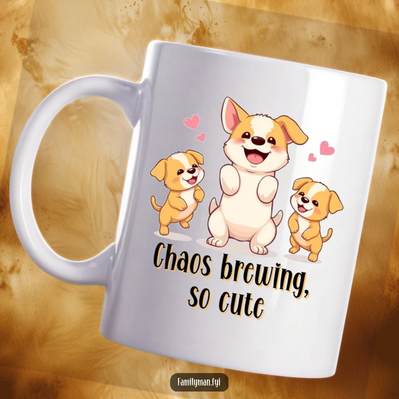 Funny mug shows a happy dog skillfully juggling three adorable, playful puppies, embodying chaotic canine fun.