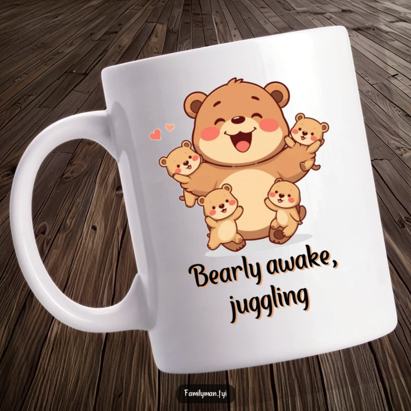 Funny Mug showing a happy father bear character playfully juggling several baby bears, showcasing loving chaos.