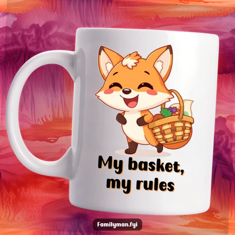 Funny mug featuring a joyful fox with a huge satisfied grin, carrying a picnic basket, embodying pure outdoor bliss.