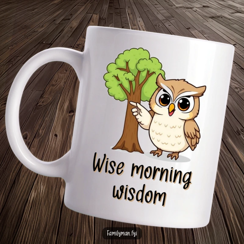 Funny owl mug with a proud owl character joyfully pointing to a flourishing family tree, celebrating ancestry and heritage.