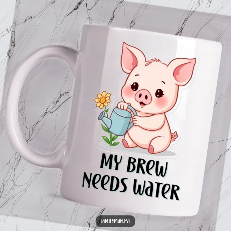 Funny mug featuring a cheerful piglet holding a tiny watering can, gently tending to a small, smiling flower.