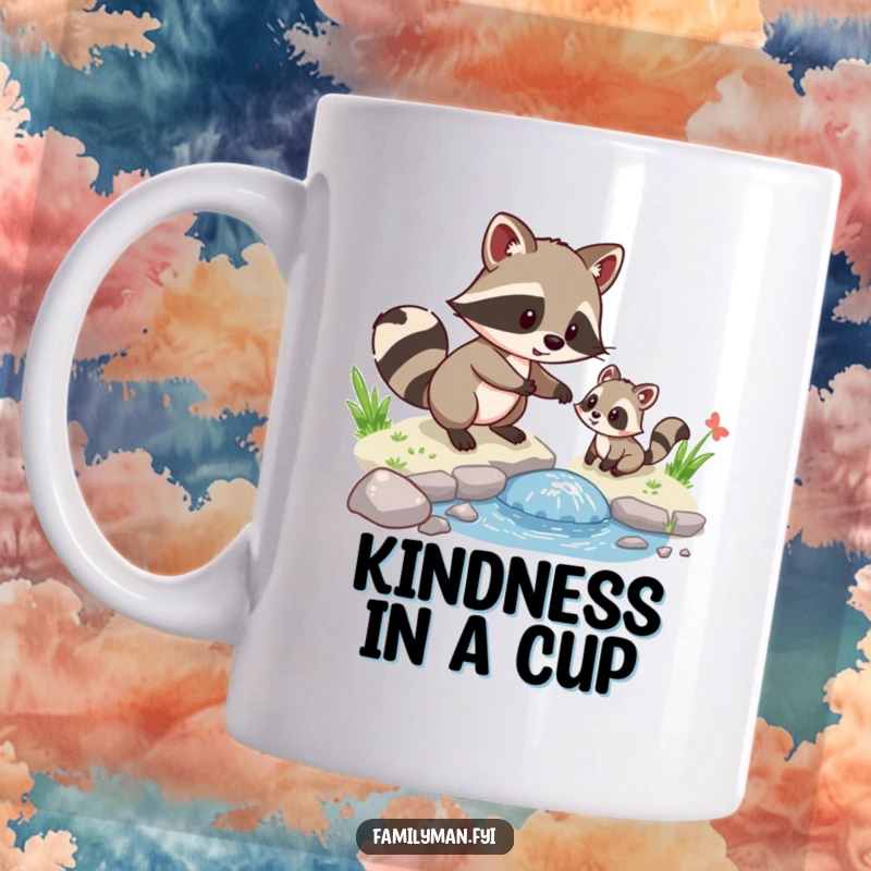 Funny Raccoon Mug, a playful raccoon helping a small animal cross a tiny stream, showcasing kindness and humor.