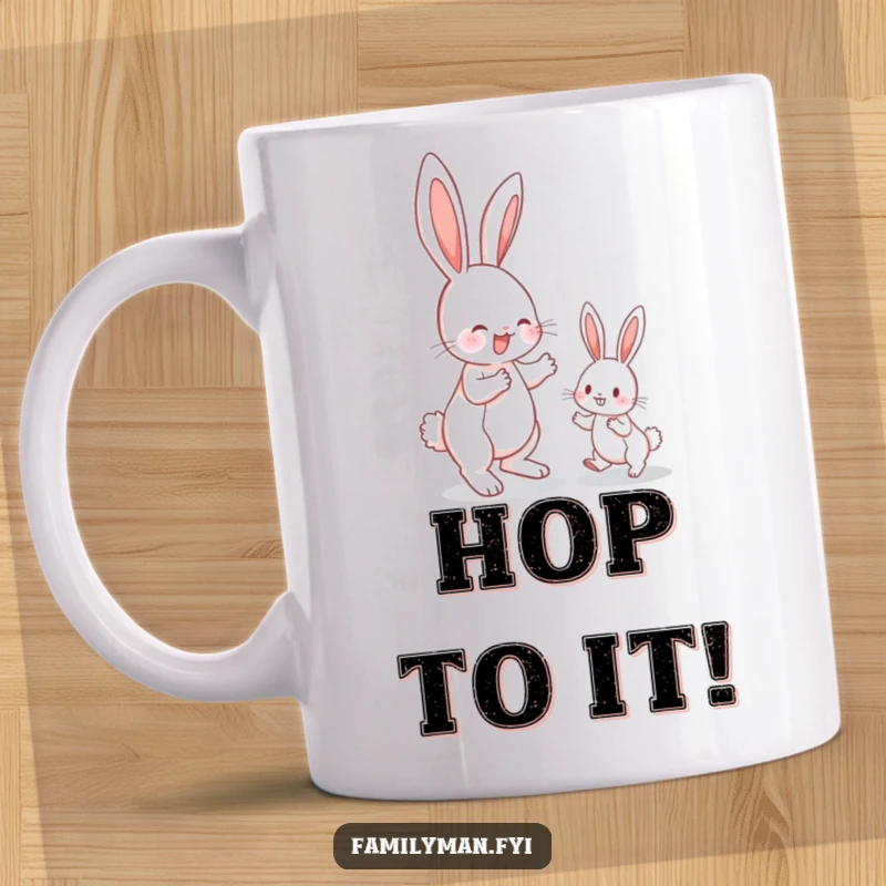 Funny bunny mug, an energetic adult bunny teaching a small bunny how to hop, showing patience and fun.