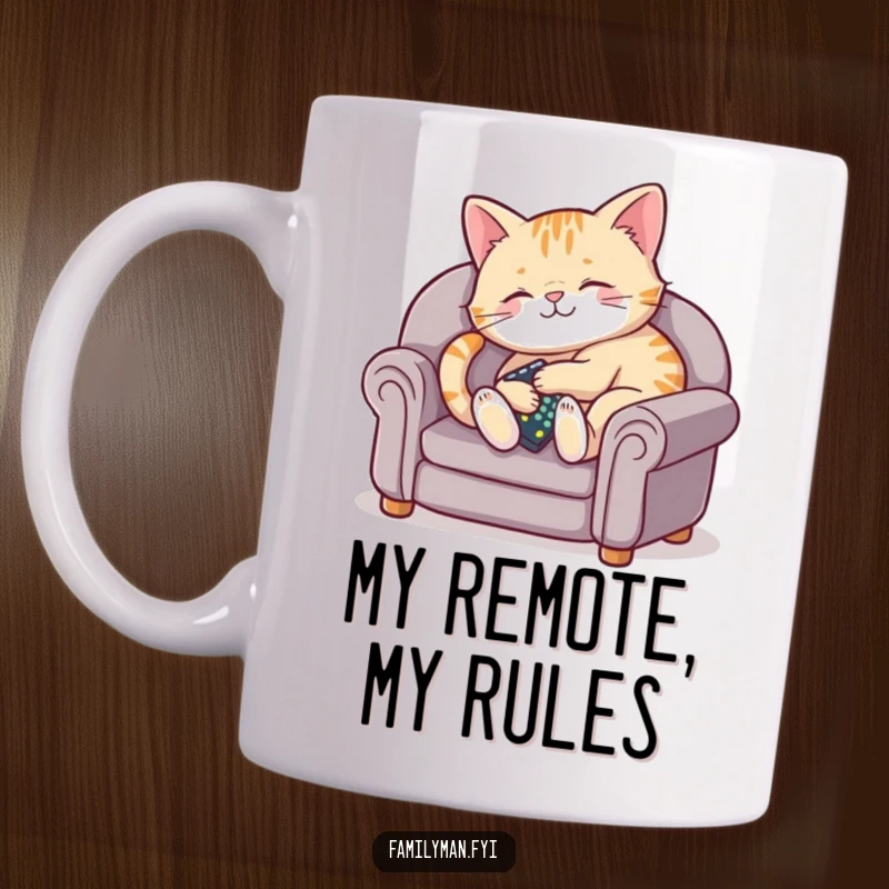 Funny coffee mug with a chubby cat lounging on a miniature couch, holding a TV remote and looking content.