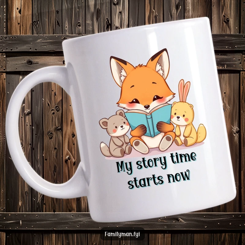 Funny mug featuring a smart fox character reading a book aloud to a circle of attentive, adorable stuffed animals, evoking a cozy, educational scene.