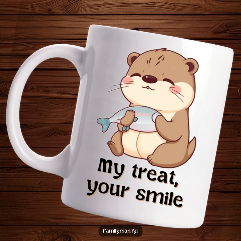 Funny Otter Mug showing a playful otter sharing a fish with a happy friend, conveying friendship and humorous joy.