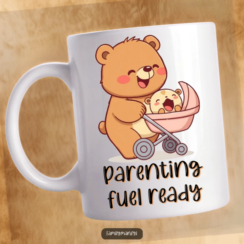Funny mug featuring a beaming bear pushing a stroller with a yawning baby animal, depicting loving parenthood and tired moments, a funny gift.