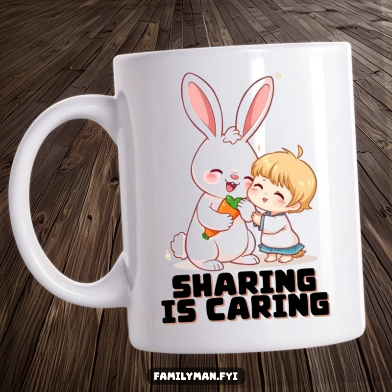Funny mug featuring a loving rabbit character sharing a carrot with a child, symbolizing friendship and wholesome joy.