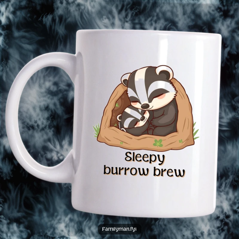 Funny Dad Badger Burrow Mug: A caring father badger character tucking its child into a cozy burrow, symbolizing warmth and protection.