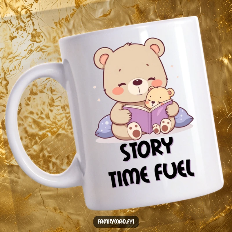 Funny happy bear cub reading a bedtime story to a tiny cub, heartwarming and humorous mug design.