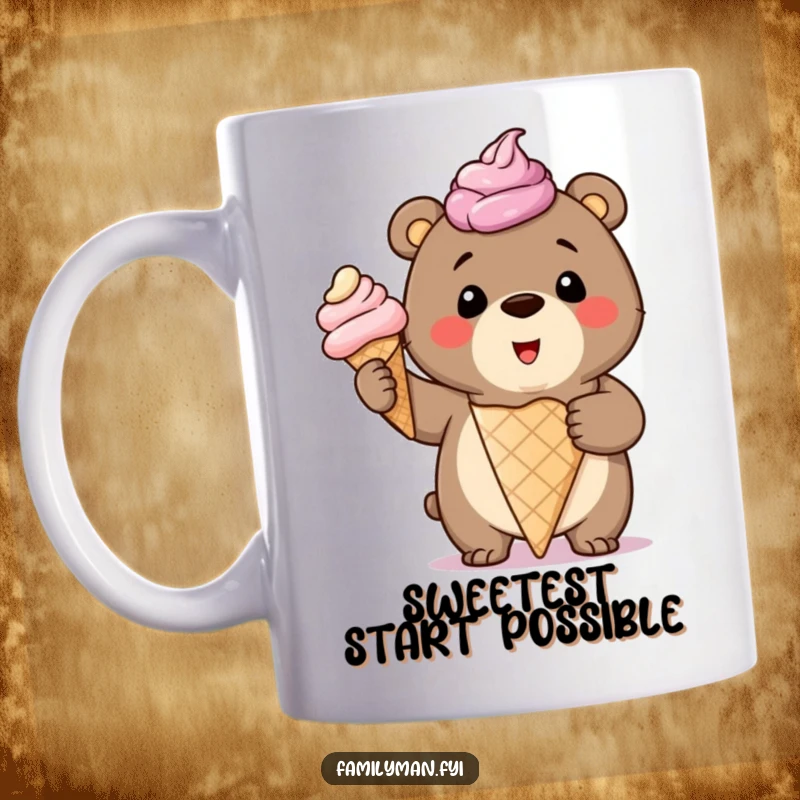 Funny Mug showing a smiling bear cub proudly holding a giant, overflowing ice cream cone, radiating pure delight.