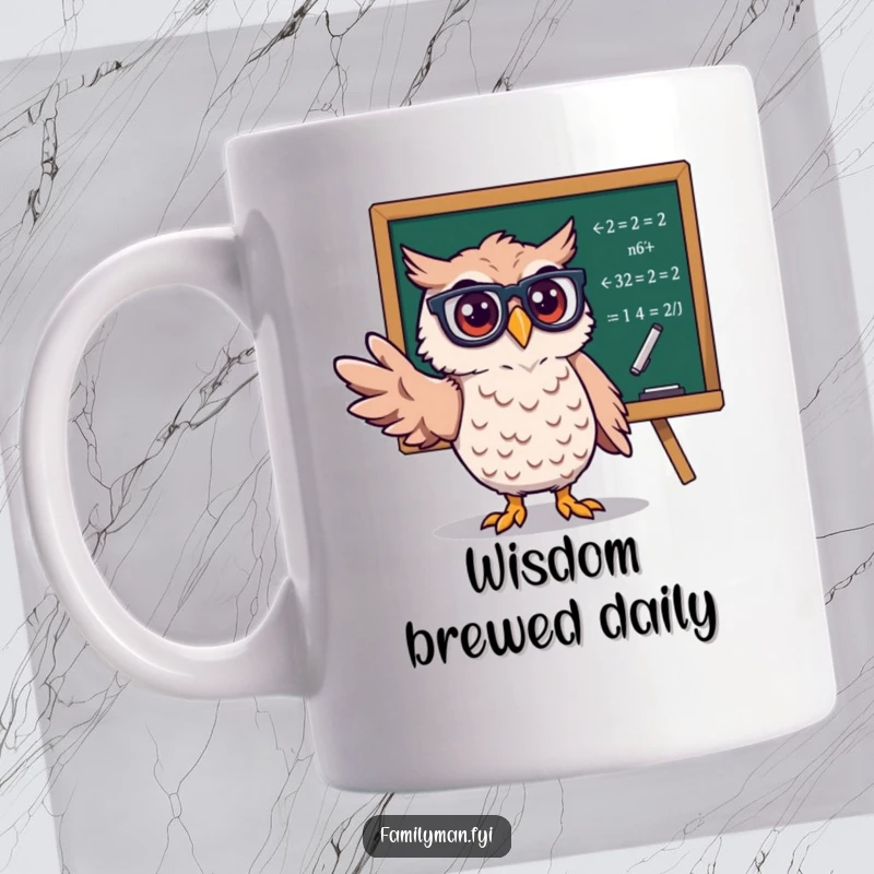 Funny Owl Mug with glasses, pointing at math equations on a blackboard, a smart and humorous design for intellectuals.