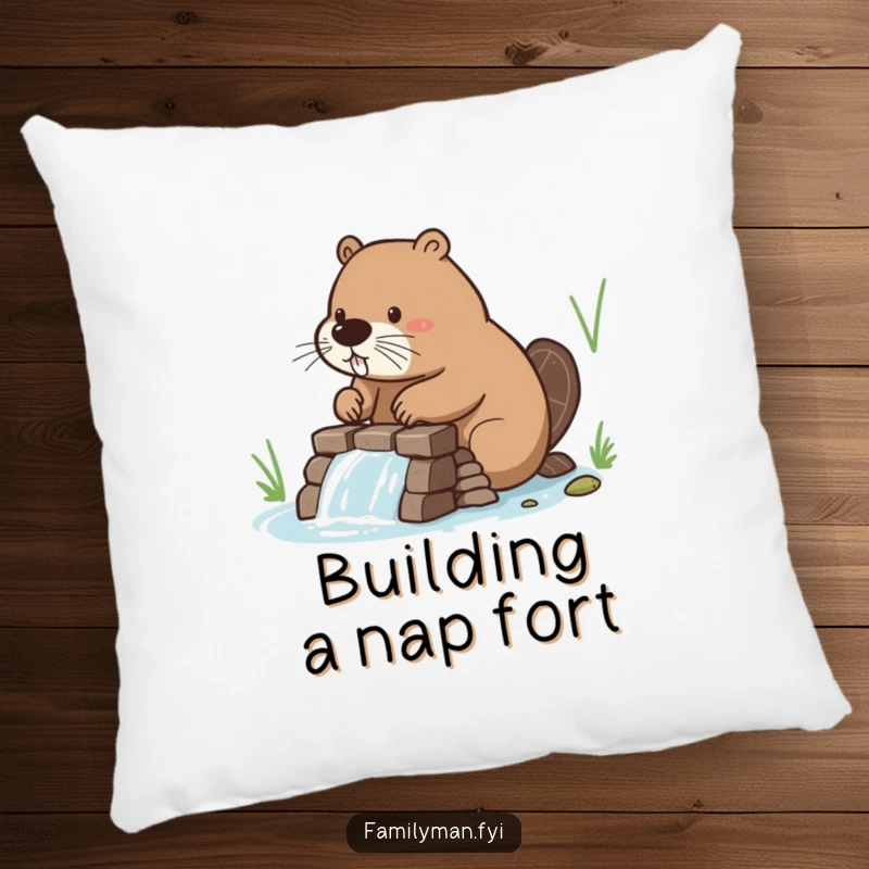 Funny Beaver Pillow showing a beaver building a dam, providing humorous support and decor.