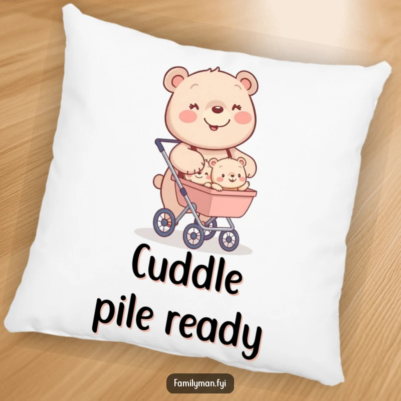 Funny pillow featuring a happy bear character pushing a stroller filled with tiny, smiling bear cubs.