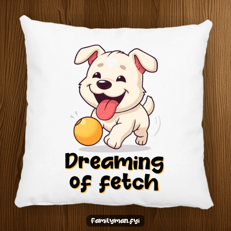 Funny pillow with a happy dog, tongue lolling out, enthusiastically chasing a bouncing ball in a spirited game.