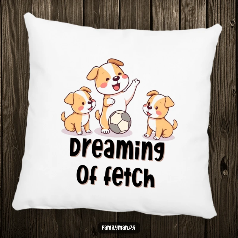 Funny pillow featuring a playful dog playing fetch with two puppies, ensuring cozy moments filled with canine cheer.
