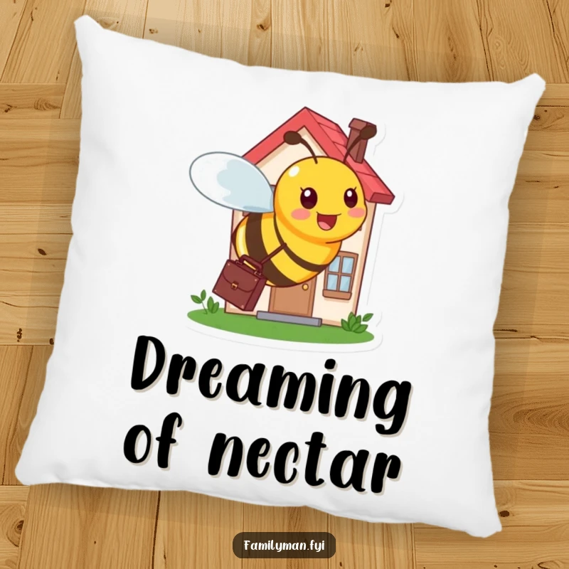 Funny pillow with a busy bee carrying a briefcase, buzzing around a tiny, bustling house, symbolizing dedication.