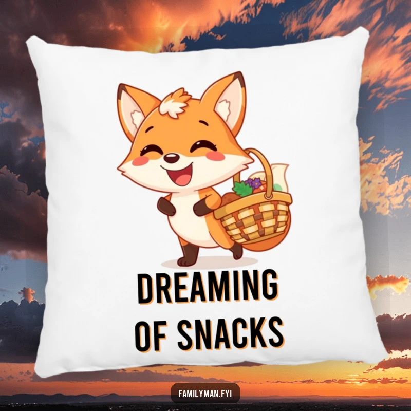 Funny pillow featuring a joyful fox with a wide, satisfied grin, holding a picnic basket, offering soft, humorous comfort.