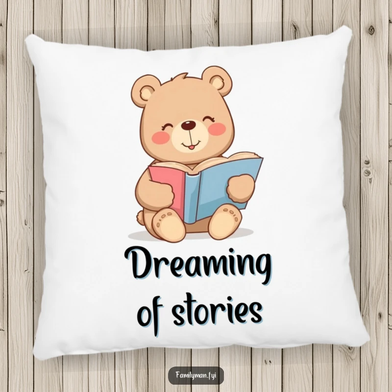 Funny bear pillow with a warm smile contentedly reading a large storybook, soft and humorous decorative accent.