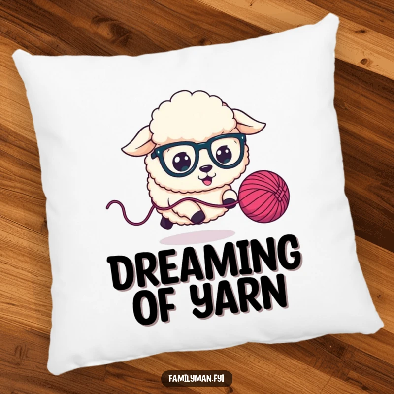 Funny Pillow with a fluffy sheep dog in oversized glasses chasing a bouncing yarn ball, adding cozy humor.