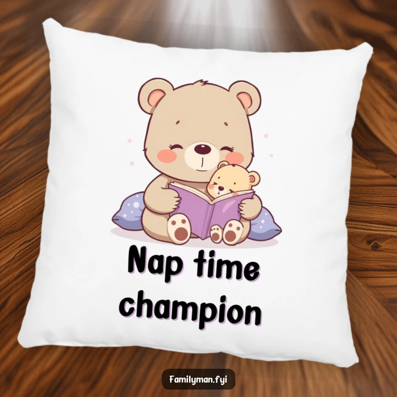 Funny happy bear cub reading a bedtime story to a tiny cub, a soft and humorous pillow.