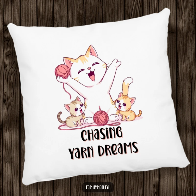 Funny Pillow showcasing a playful father cat tossing a yarn ball for kittens, adding whimsy to any room.