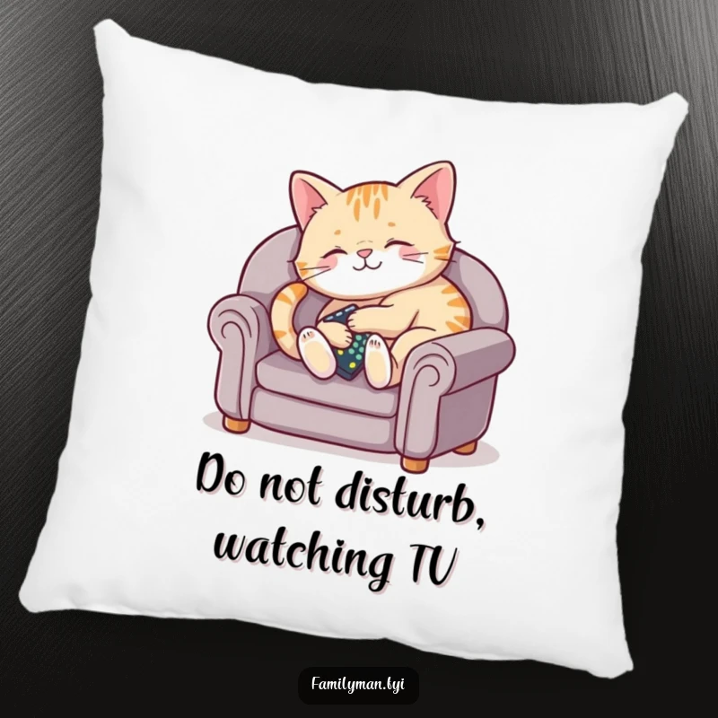 Funny decorative pillow with a plump cat lounging on a small couch, holding a remote.