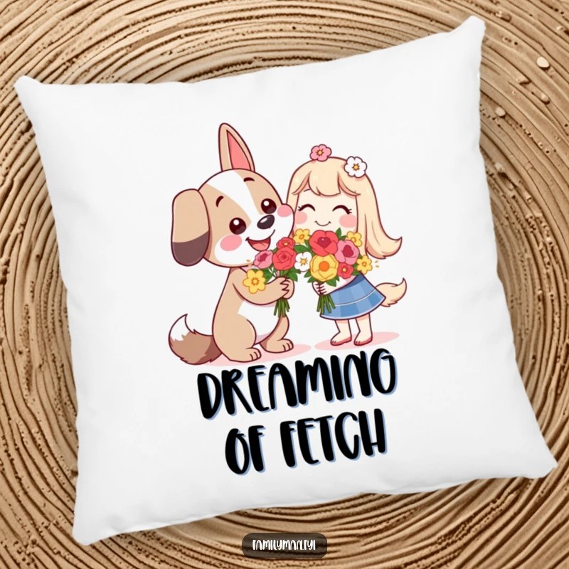 Funny happy dog character giving flowers with a smile, on a soft decorative pillow.